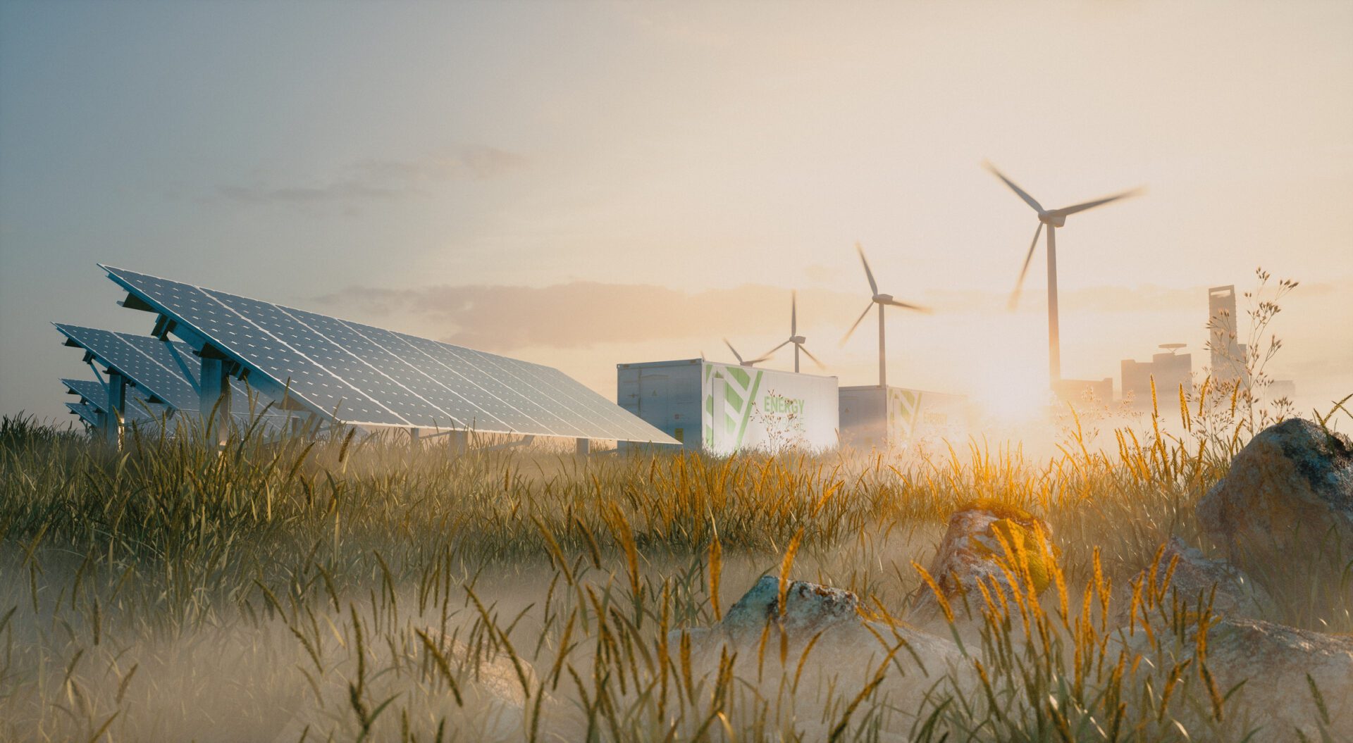 Concept of renewable energy solution in beautiful morning light. Installation of solar power plant, container battery energy storage systems, wind turbine farm and city in background. 3d rendering.