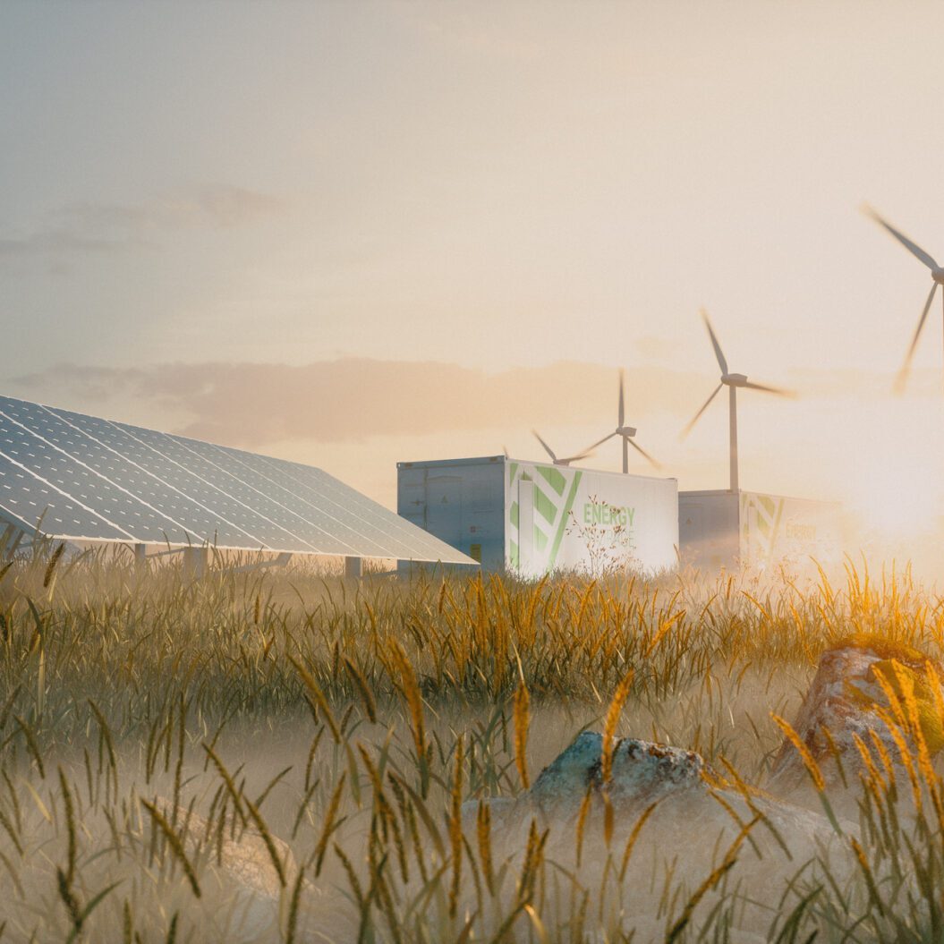 Concept of renewable energy solution in beautiful morning light. Installation of solar power plant, container battery energy storage systems, wind turbine farm and city in background. 3d rendering.